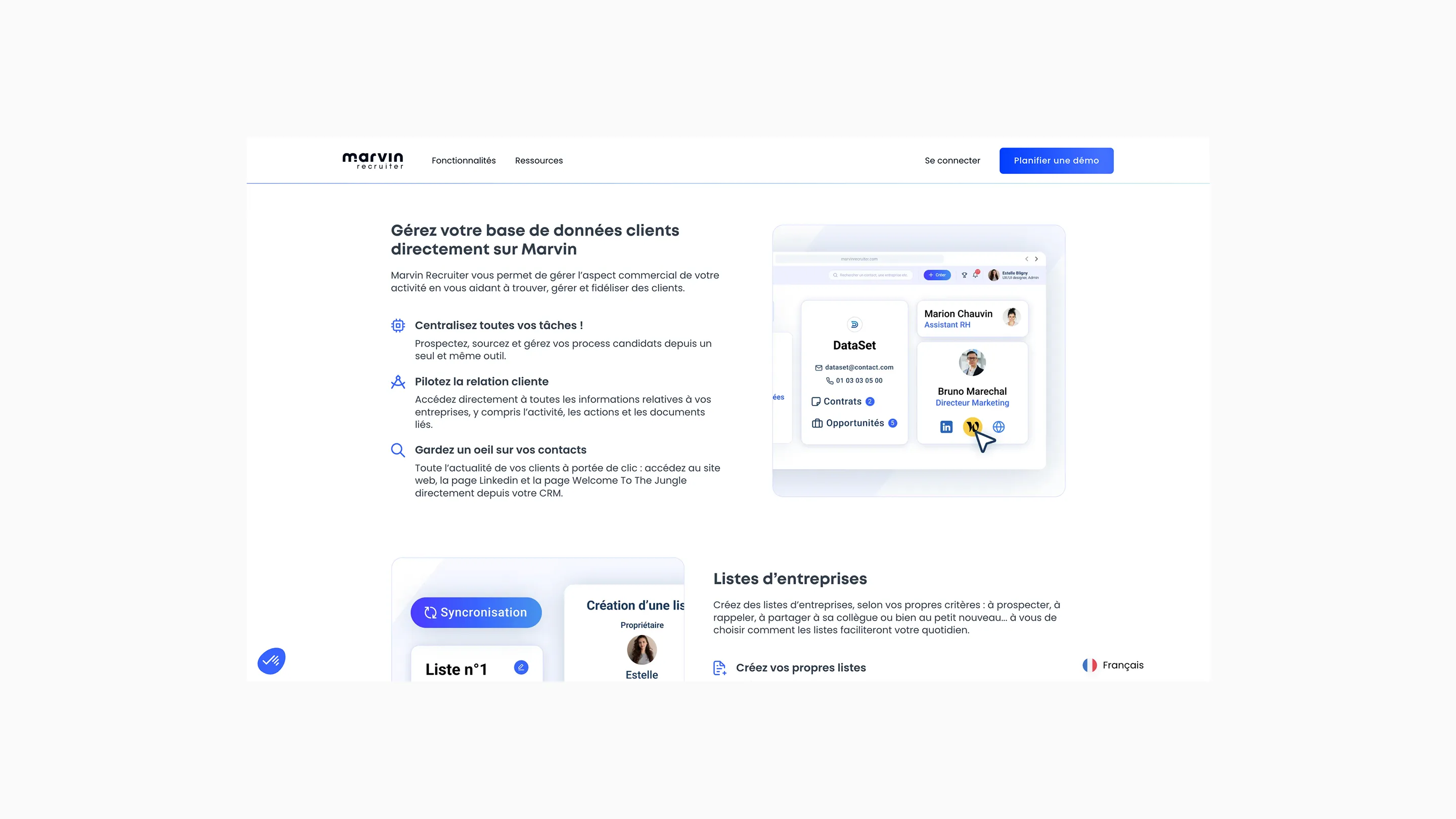 Page web de Marvin Recruiter montrant les fonctionnalités de gestion de base de données clients avec sections texte et captures d'écran de l'interface utilisateur.