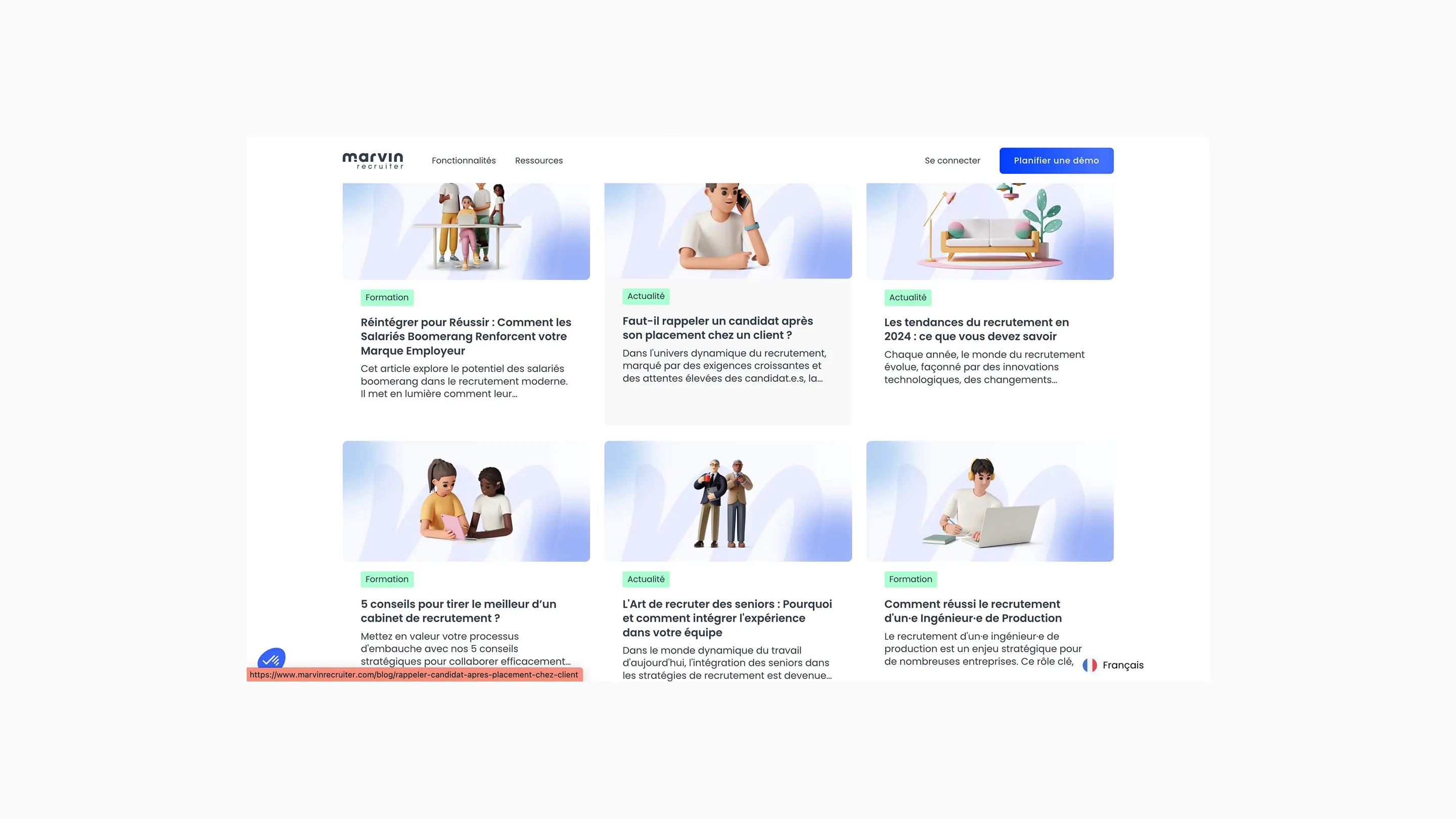 Page d'accueil du site Marvin Recruiter affichant des articles sur le recrutement, avec illustrations 3D et catégories Formation et Actualité.