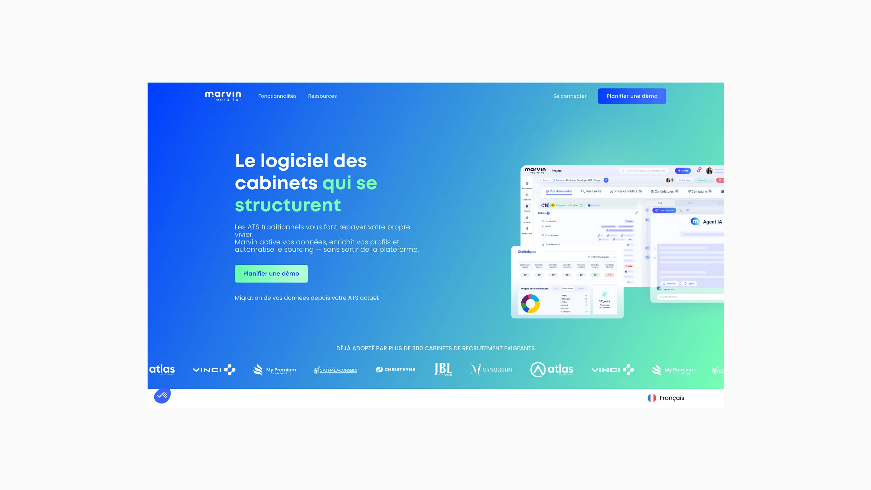 Page d'accueil de Marvin Recruiter avec fond dégradé bleu-vert, texte sur logiciel structurant les cabinets, aperçu de l'interface utilisateur et logos clients en bas.