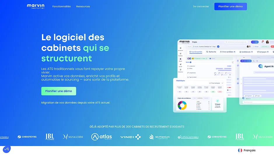 Marvin Recruiter landing page with blue-green gradient background, featuring headline about recruitment software, call-to-action button, and interface screenshots.