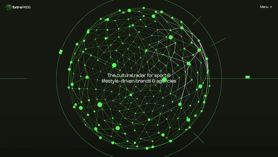 Digital green network globe with interconnected dots and lines on a dark background, central text reads: The cultural radar for sports lifestyle-driven brands & agencies.