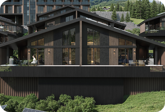 Сучасний дерев'яний будинок з великими вікнами на тлі зелених дерев і пагорбів.