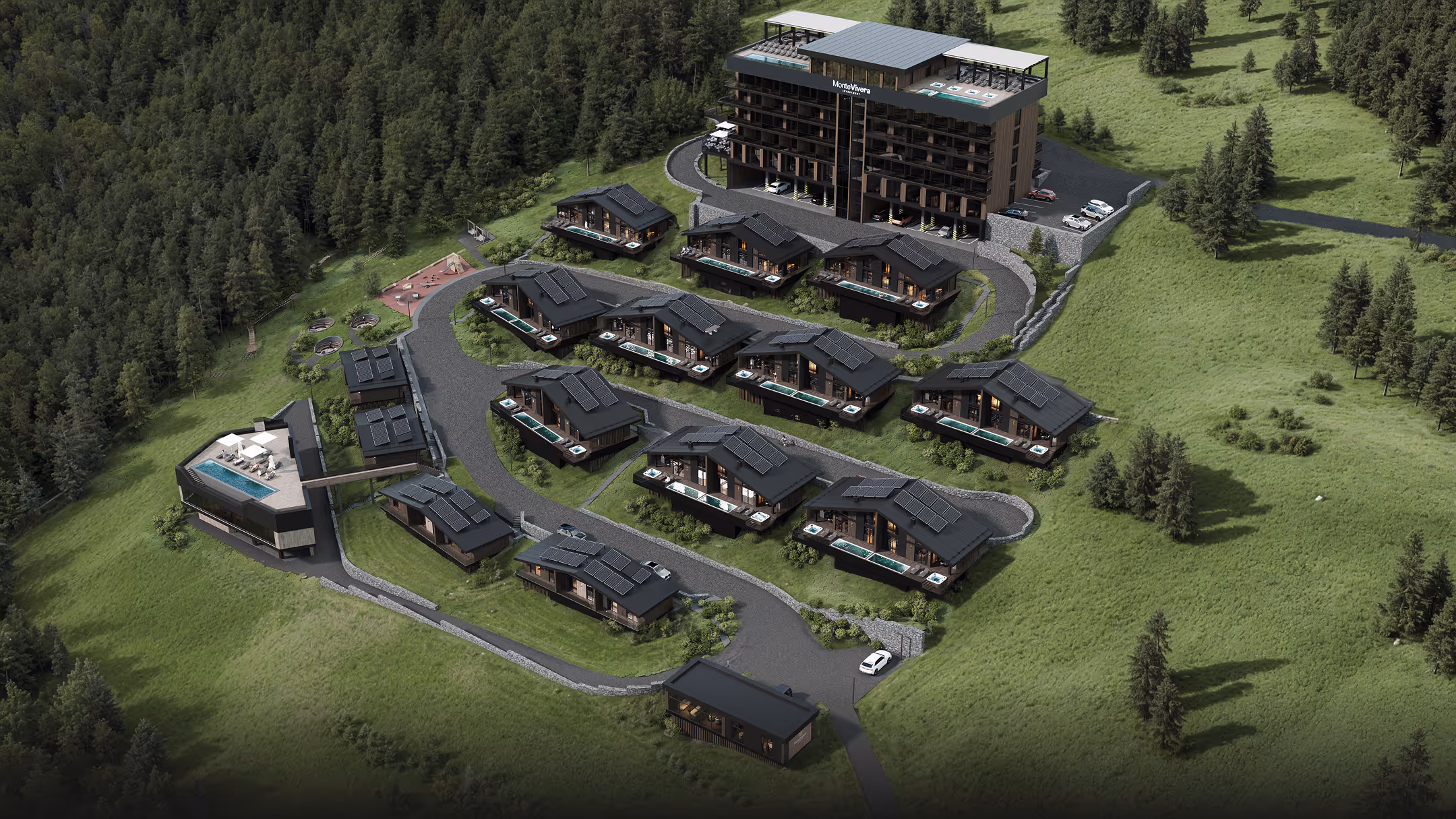 Житловий комплекс з сучасними будинками зі сонячними панелями на дахах, басейнами і зеленою лісистою місцевістю навколо.