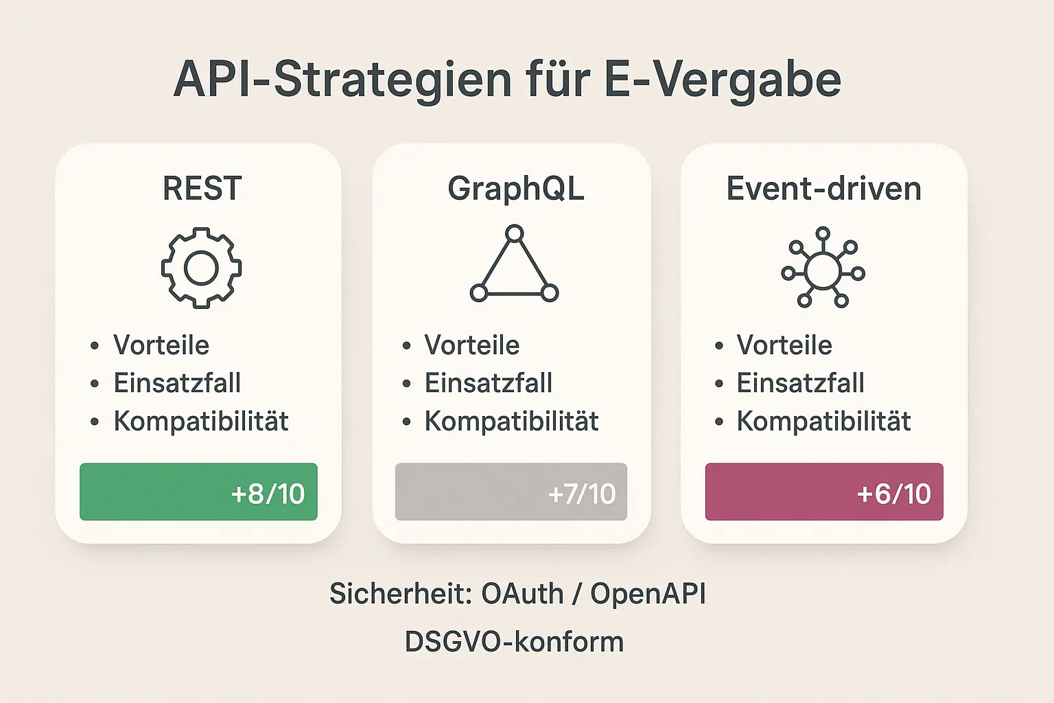 Vergleichen Sie REST, GraphQL und Event-driven-APIs nach Einsatzfall, Kompatibilität und Sicherheitsanforderungen – schnelle Entscheidungsbasis für Beschaffer und Planungsbüros.