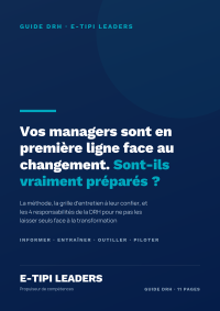 Couverture d'un guide DRH intitulé « Vos managers sont en première ligne face au changement. Sont-ils vraiment préparés ? » avec un sous-titre sur l'importance des DRH et DSI dans la transformation.