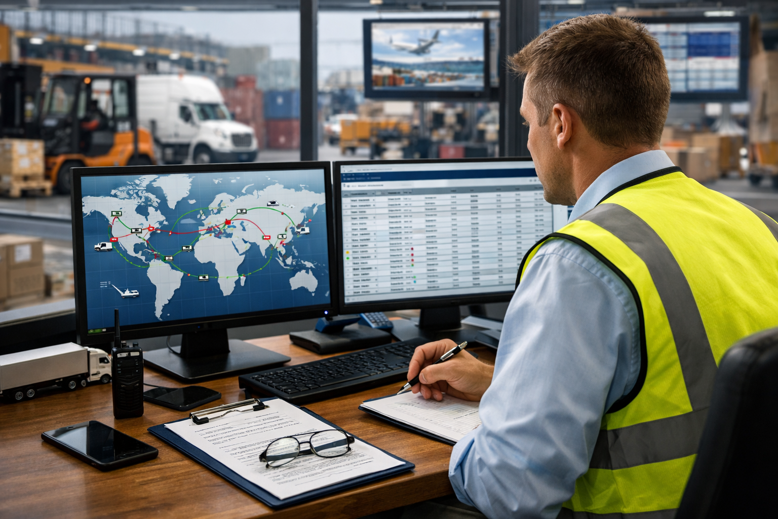 Logistics coordinator monitoring shipment routes and delivery data at a warehouse operations workstation.