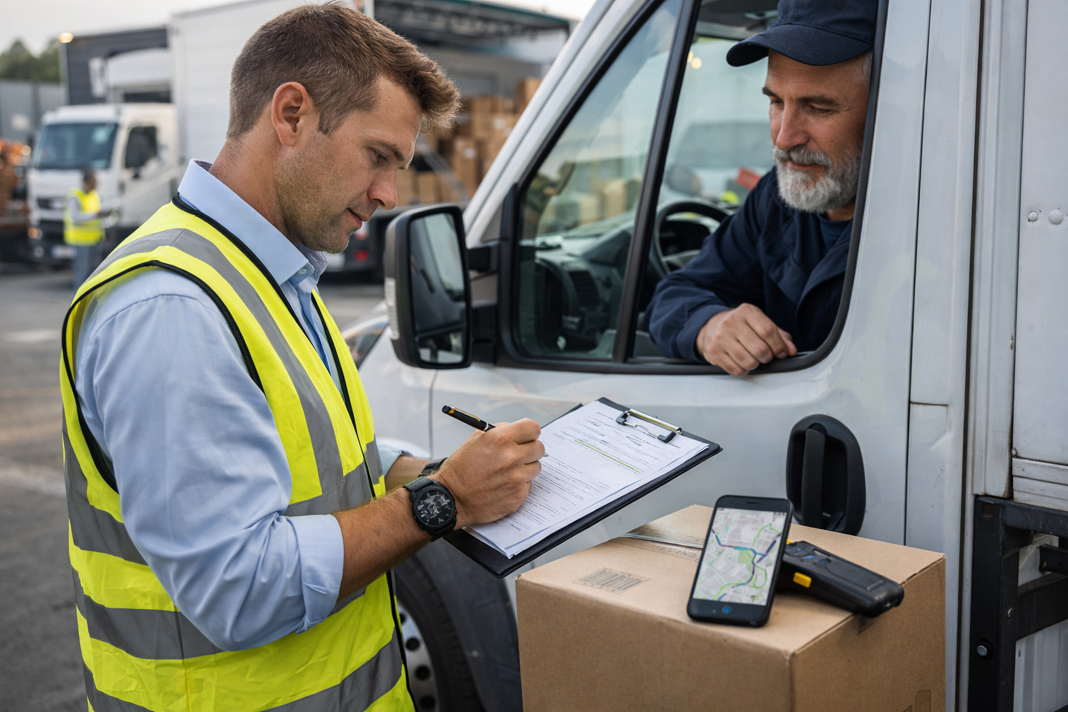 Logistics coordinator signing delivery paperwork while confirming shipment details with a truck driver at a warehouse loading area.