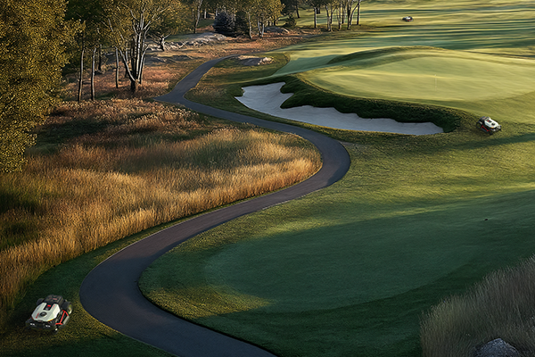 A view of Kress RTKn robotic mowers maintaining professional grade turf at a prestigious golf course.