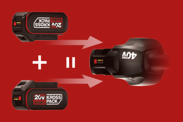 Diagram explaining the Kress dual 20v battery combo for 40v power in home gardening tools
