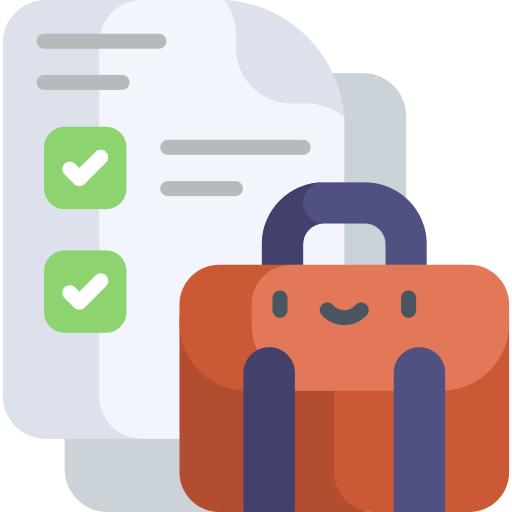 Document met vinkjes naast een oranje aktetas met een lachend gezicht.