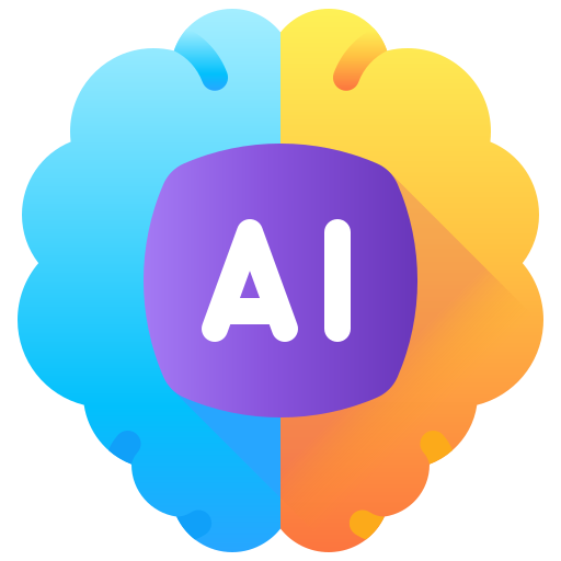 Abstract logo with letters AI in white on a purple rounded square background, surrounded by a gradient cloud shape transitioning from blue on the left to yellow and orange on the right.