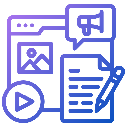 Pictogram van contentcreatie met een browservenster, afbeelding, afspeelknop, tekstblad en megafonensymbool.