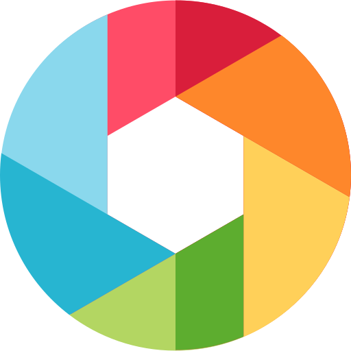 Kleurrijke cirkelvormige sluiter met segmenten in rood, oranje, geel, groen, turquoise en lichtblauw.