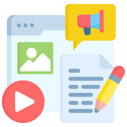 Pictogram van contentcreatie met een webpagina, video afspelen symbool, tekstschrijven en een luidspreker icoon voor promotie.