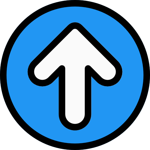 Witte pijl wijzend naar boven in een blauwe cirkel met zwarte rand.