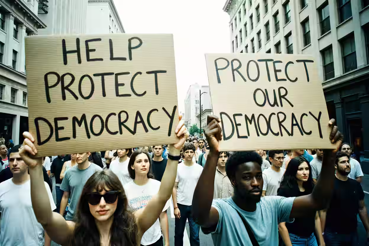 Diverse group of people marching in a city street at an electoral reform event, holding cardboard signs that say 'HELP PROTECT DEMOCRACY' and 'PROTECT OUR DEMOCRACY'.