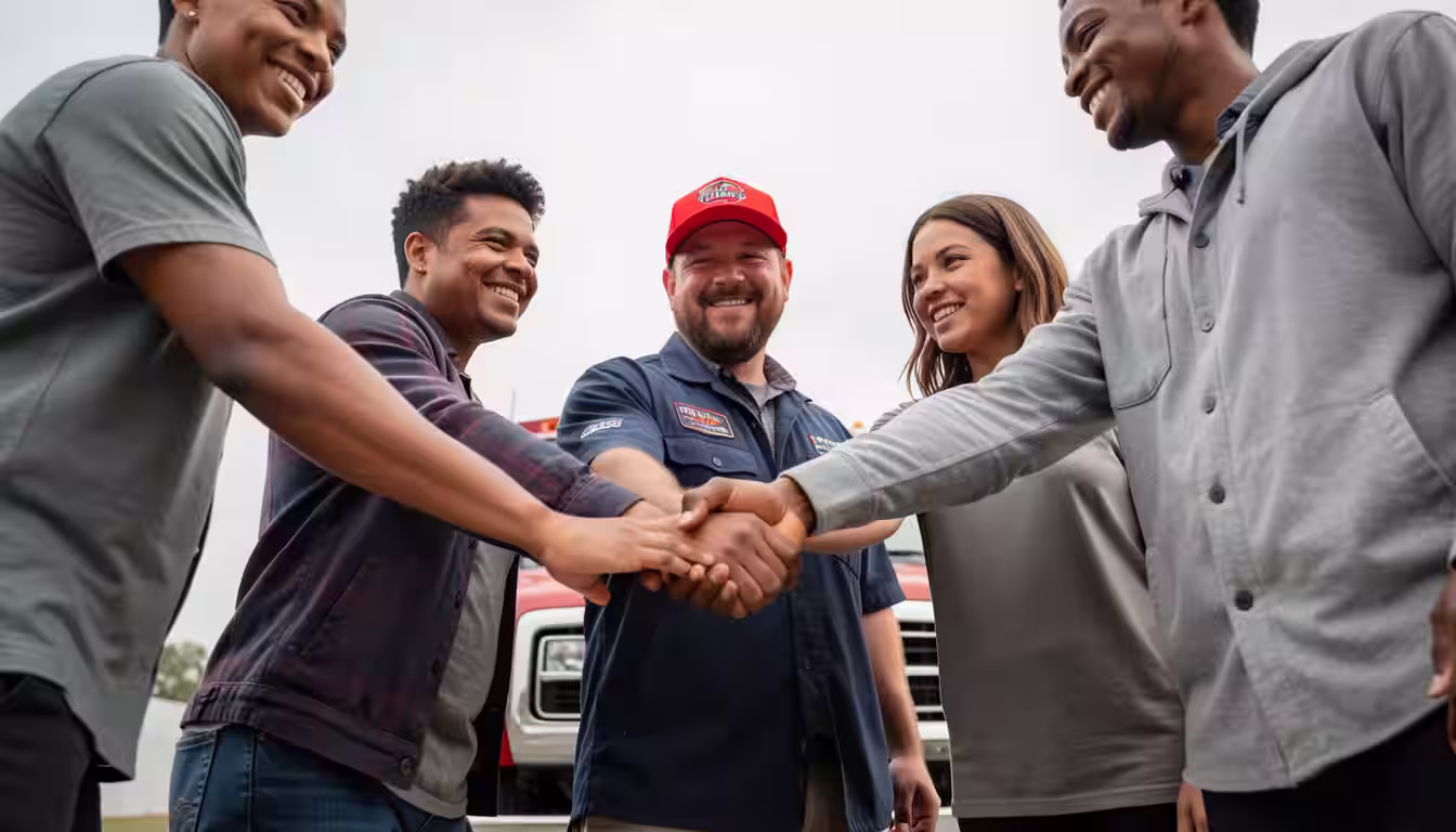 Five smiling young adults standing in a circle with hands joined in the center, showing solidarity at an electoral reform event.