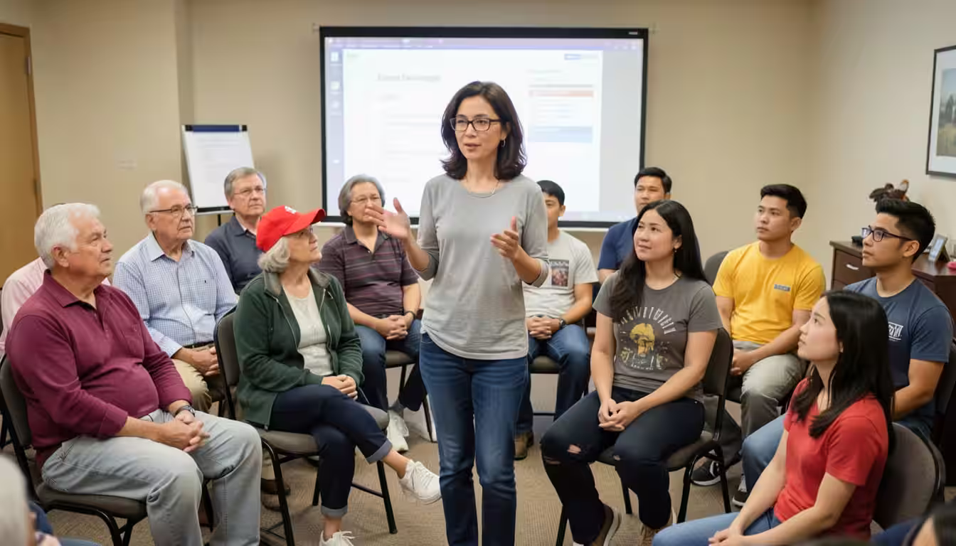 Woman standing and speaking to a diverse group of seated adults at electoral reform event with a projection screen behind her.