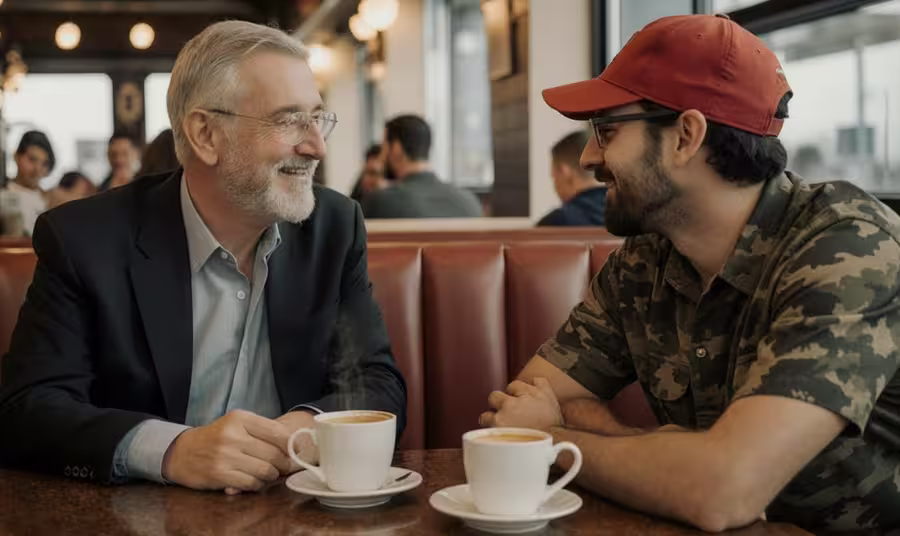 Two men, one older with a gray beard and glasses wearing a suit, and one younger in a red cap and camouflage shirt, smiling and talking about electoral reform over coffee.