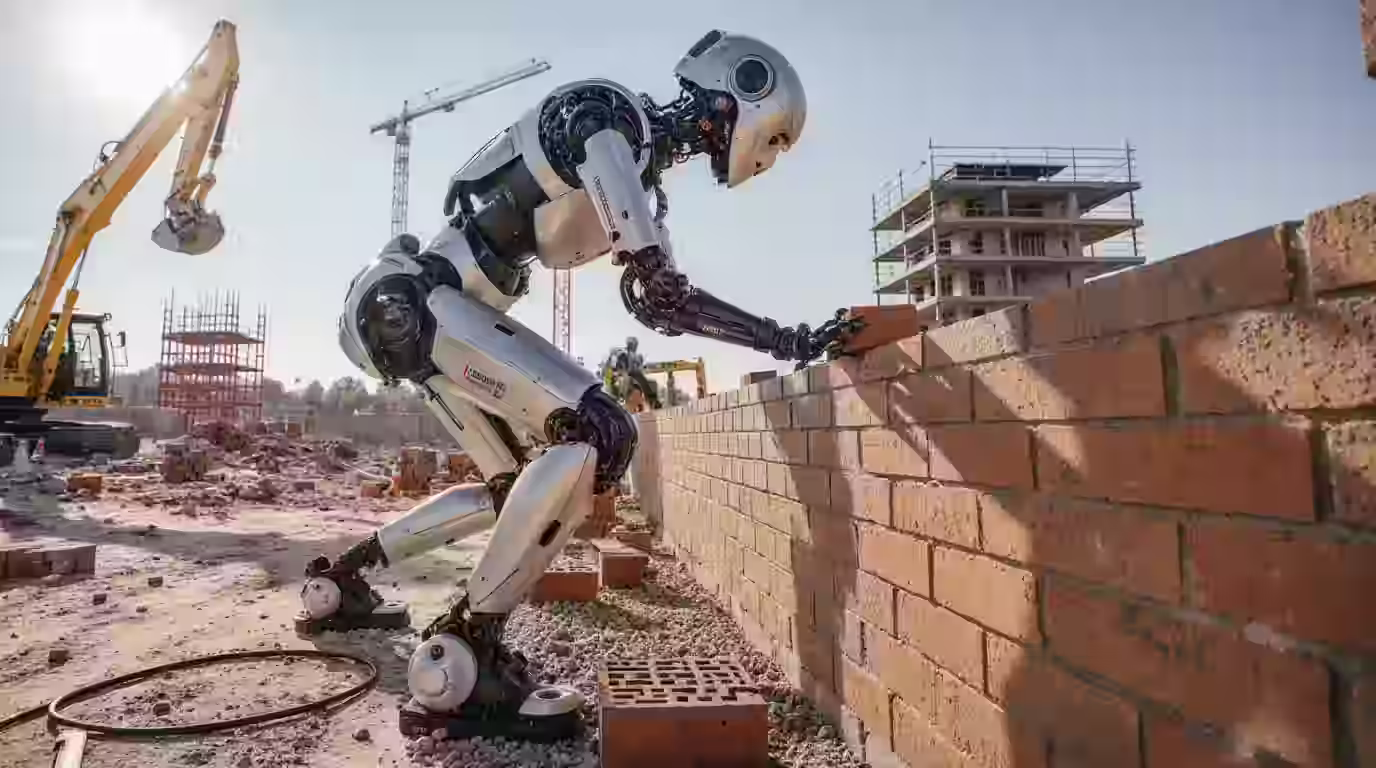 Robot building a redbrick wall at a construction site.