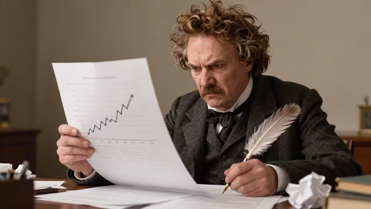 Mark Twain in period attire skeptically examining an upward-trending economic chart, representing critical scrutiny of misleading prosperity statistics