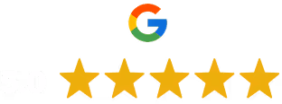 Google logo above a 5.0 rating with five gold stars.