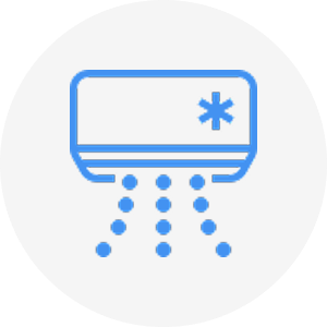 Blue icon of an air conditioner with cold air flowing, indicated by dots and a snowflake symbol.