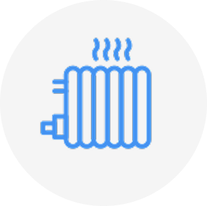 Blue icon of a heating radiator with three steam lines rising above it on a light gray circular background.