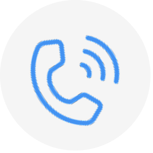 Blue phone handset icon with sound waves on white circular background.