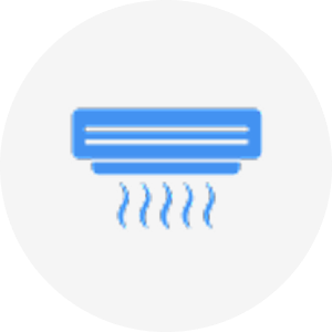 Blue icon of an air conditioner with cool air flowing downward inside a white circle.