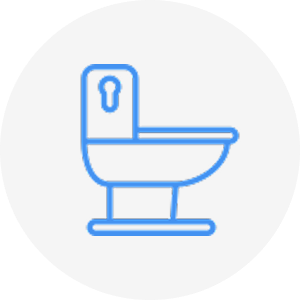 Blue line icon of a toilet on a light gray circular background.