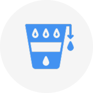Blue water filter pitcher icon with water droplets, on light gray circular background.
