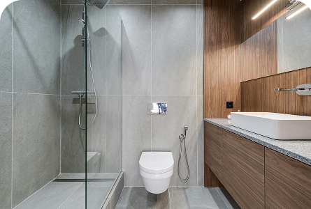 Modern bathroom with walk-in glass shower, wall-mounted toilet, and wooden vanity with rectangular sink.