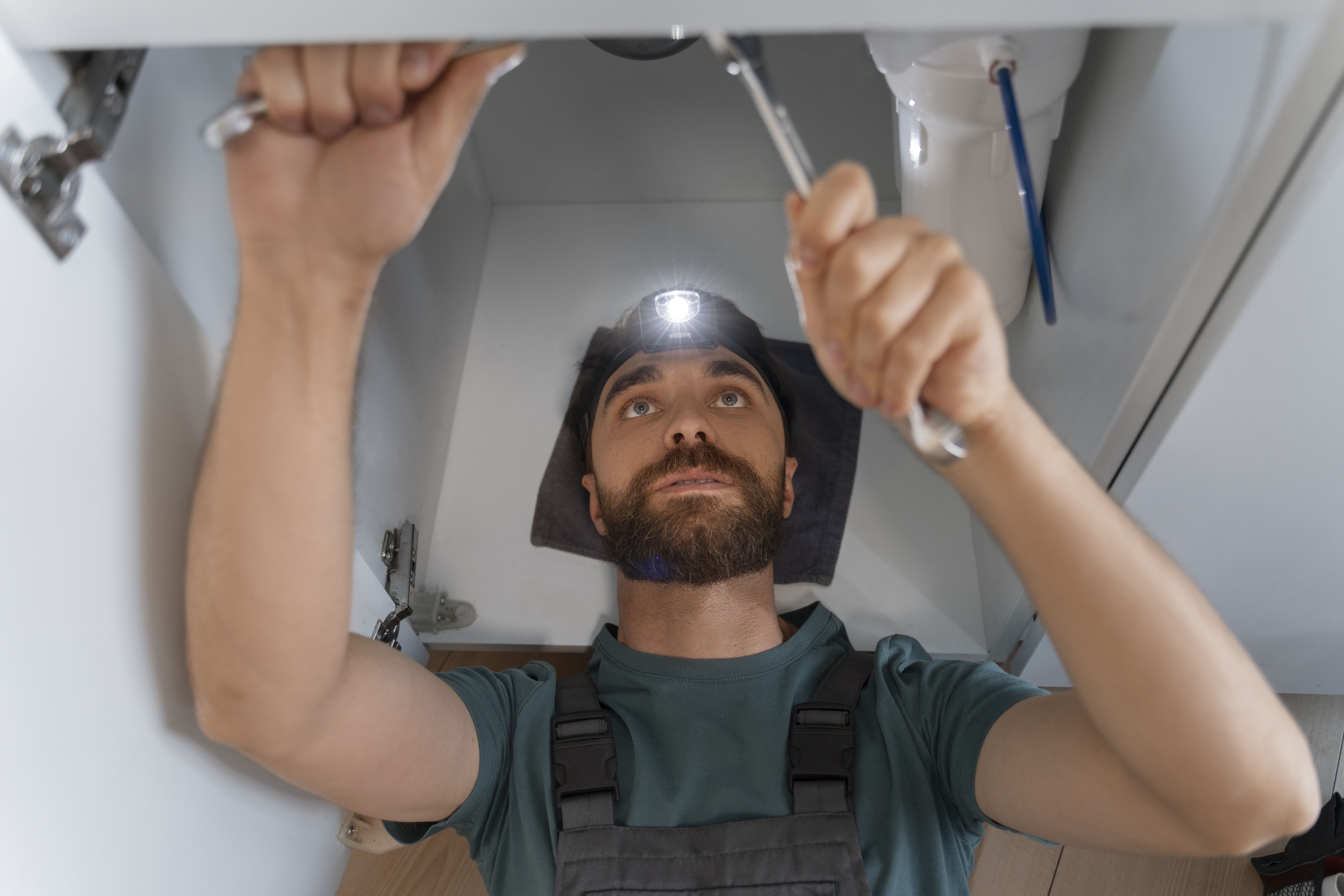 Man with beard using wrench to fix plumbing under a sink, wearing a headlamp and overalls.