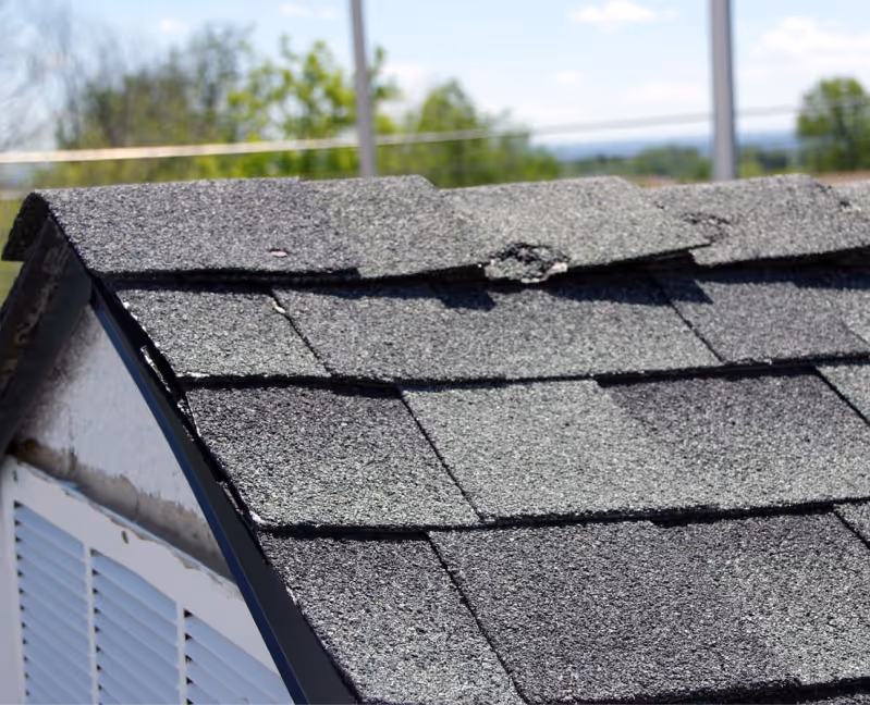 Close-up of a hand with three fingers touching a rough gray asphalt shingle roof near a visible nail hole.