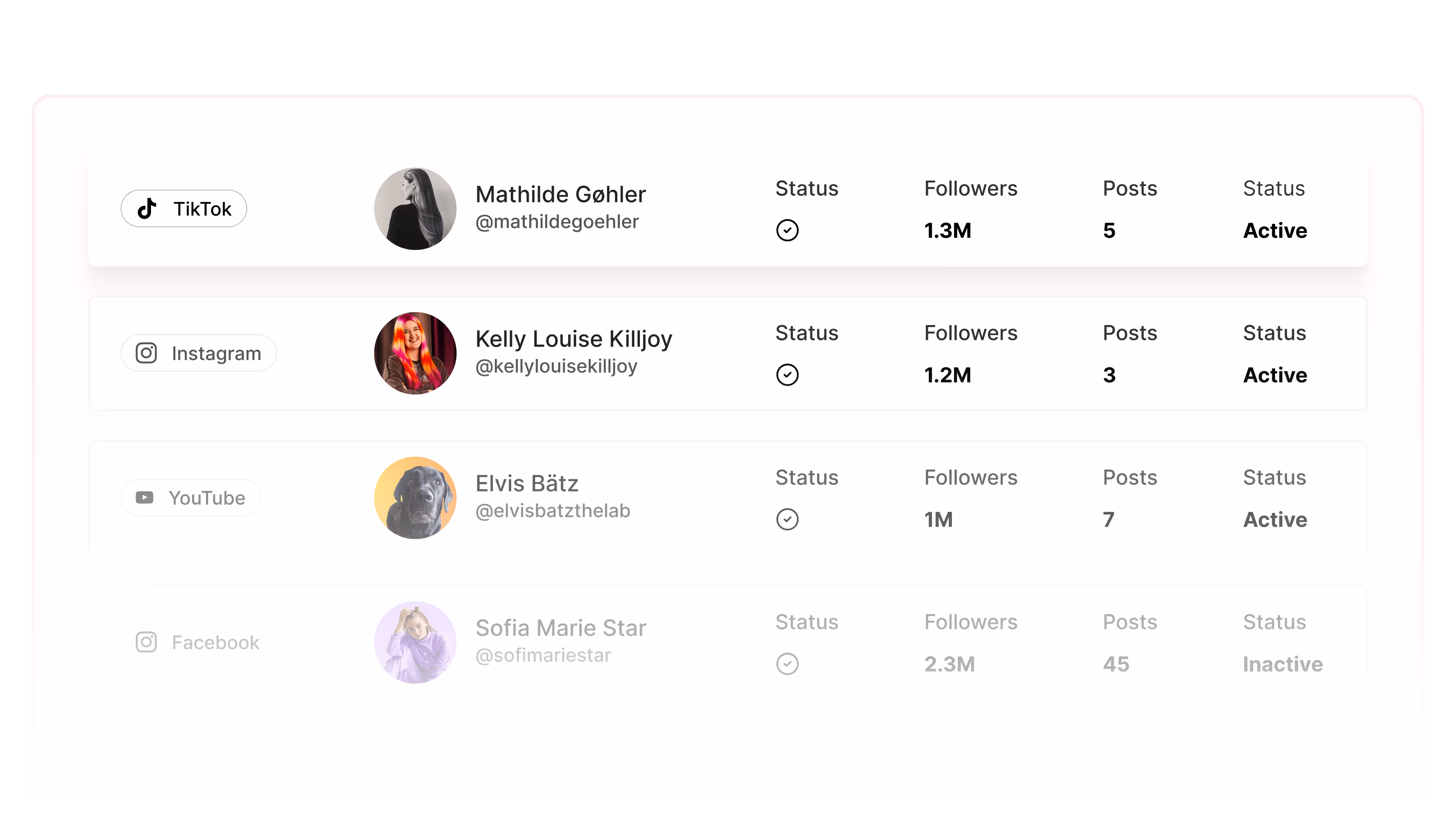 Social media influencer list showing TikTok user Mathilde Gøhler with 1.3M followers and 5 posts active, Instagram user Kelly Louise Killjoy with 1.2M followers and 3 posts active, YouTube user Elvis Bätz with 1M followers and 7 posts active, and inactive Facebook user Sofia Marie Star with 2.3M followers and 45 posts.