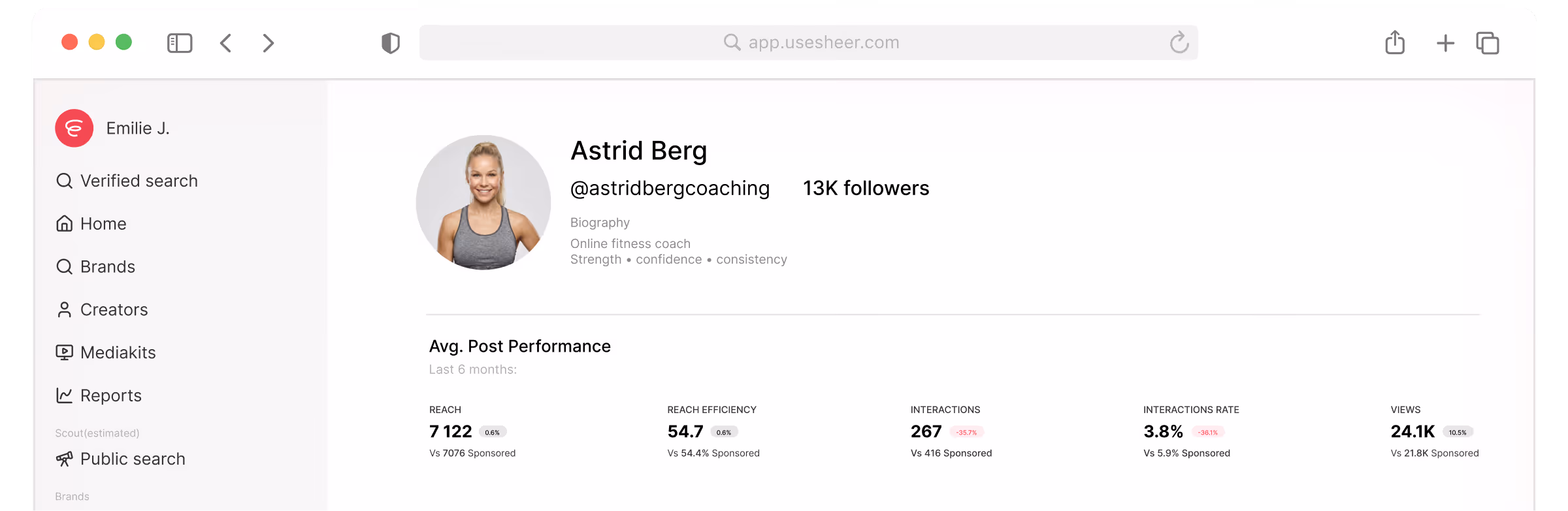 Social media analytics dashboard for Astrid Berg showing 13K followers, user profile photo, and average post performance metrics including reach, reach efficiency, interactions, interaction rate, and views.