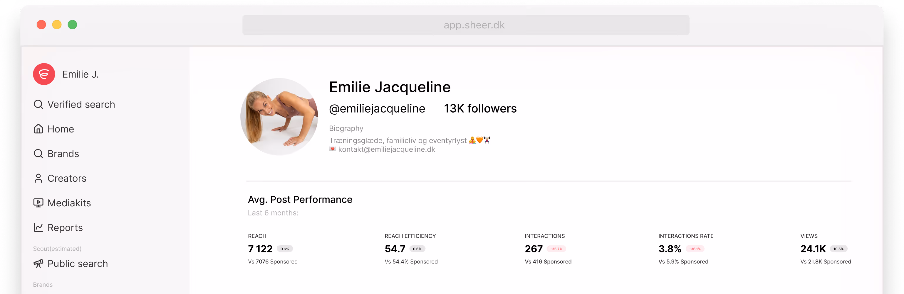 Social media analytics dashboard for Emilie Jacqueline showing 13K followers, user profile photo, and average post performance metrics including reach, reach efficiency, interactions, interaction rate, and views.