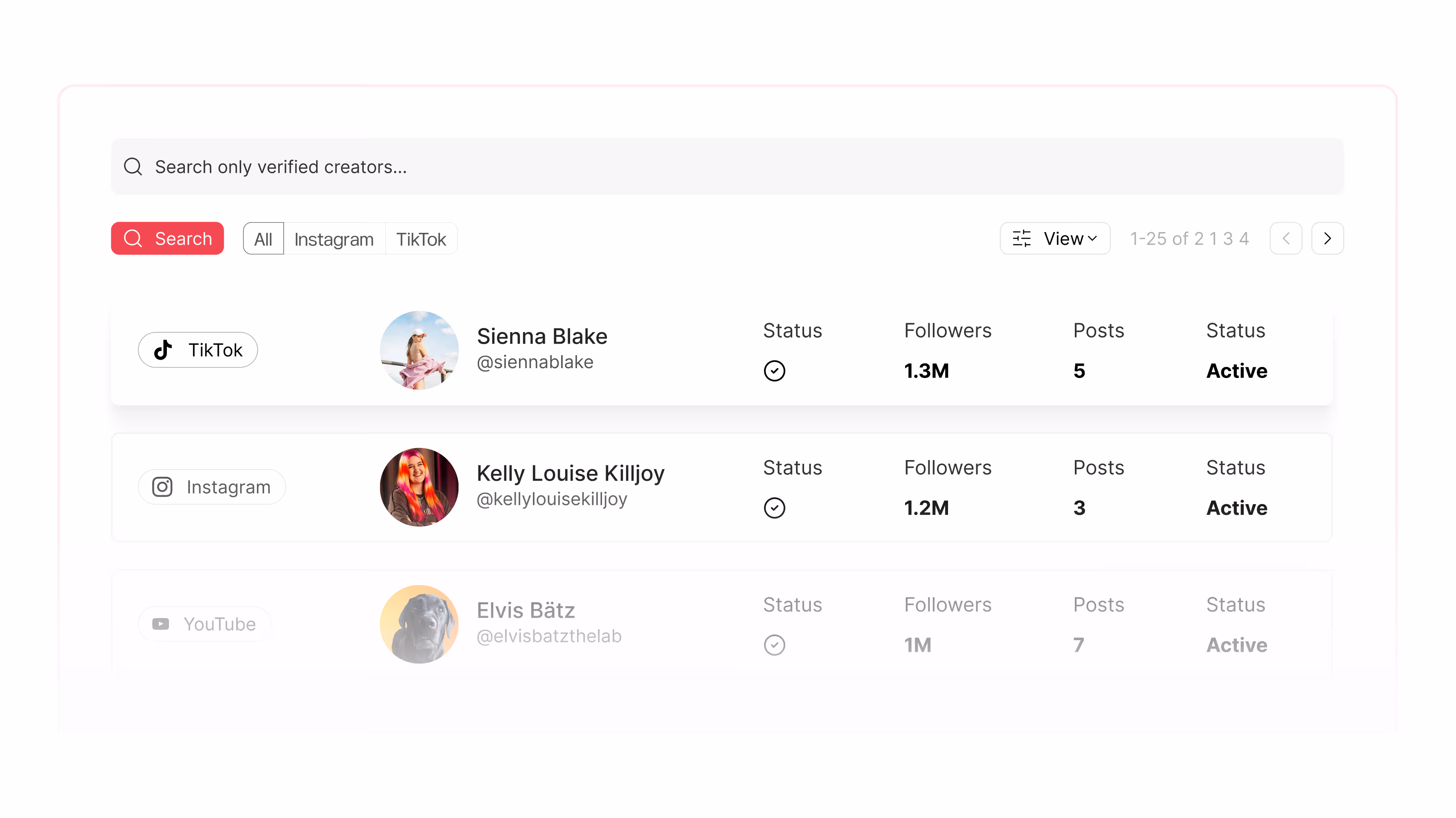 Search interface showing verified creators on TikTok, Instagram, and YouTube with follower counts and post numbers.