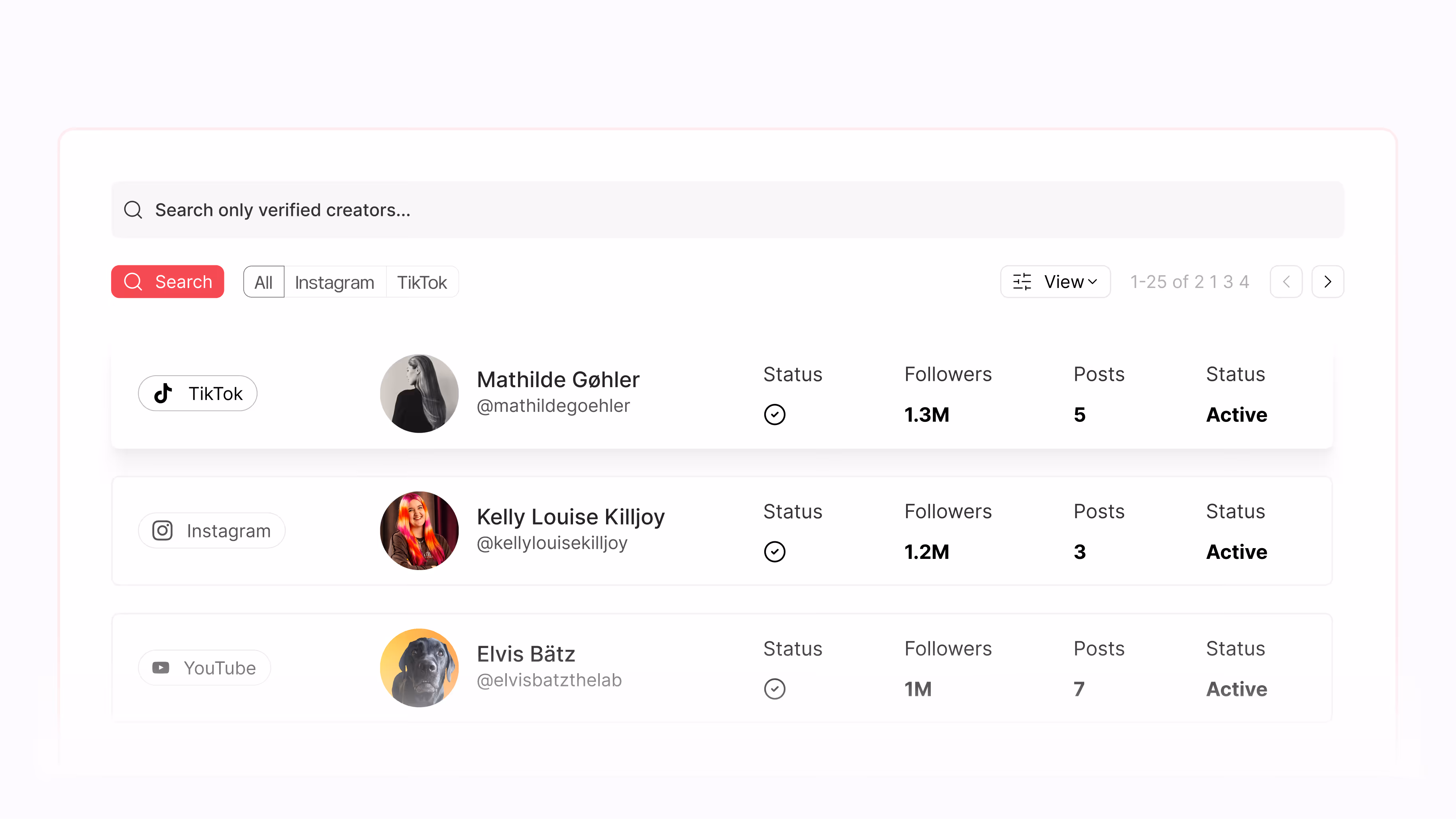 Search interface showing verified creators on TikTok, Instagram, and YouTube with follower counts and post numbers.