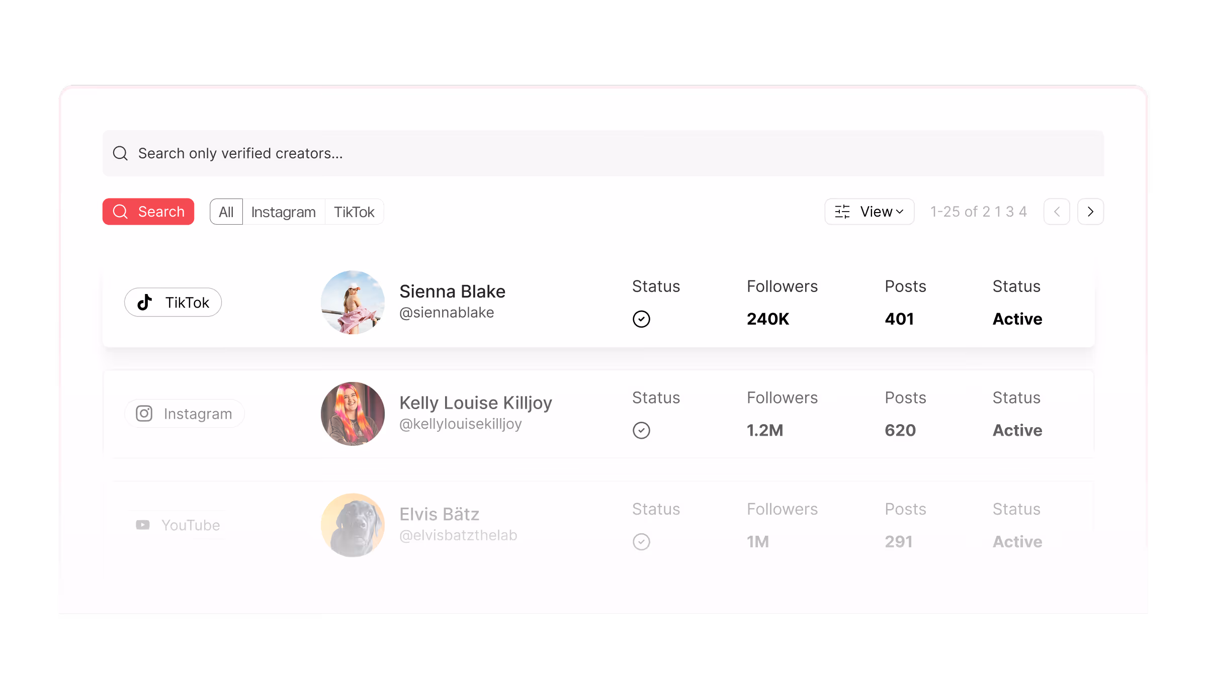 User interface listing verified creators from TikTok and Instagram with followers, posts, and active status; includes profiles Mathilde Gøhler and Kelly Louise Killjoy.