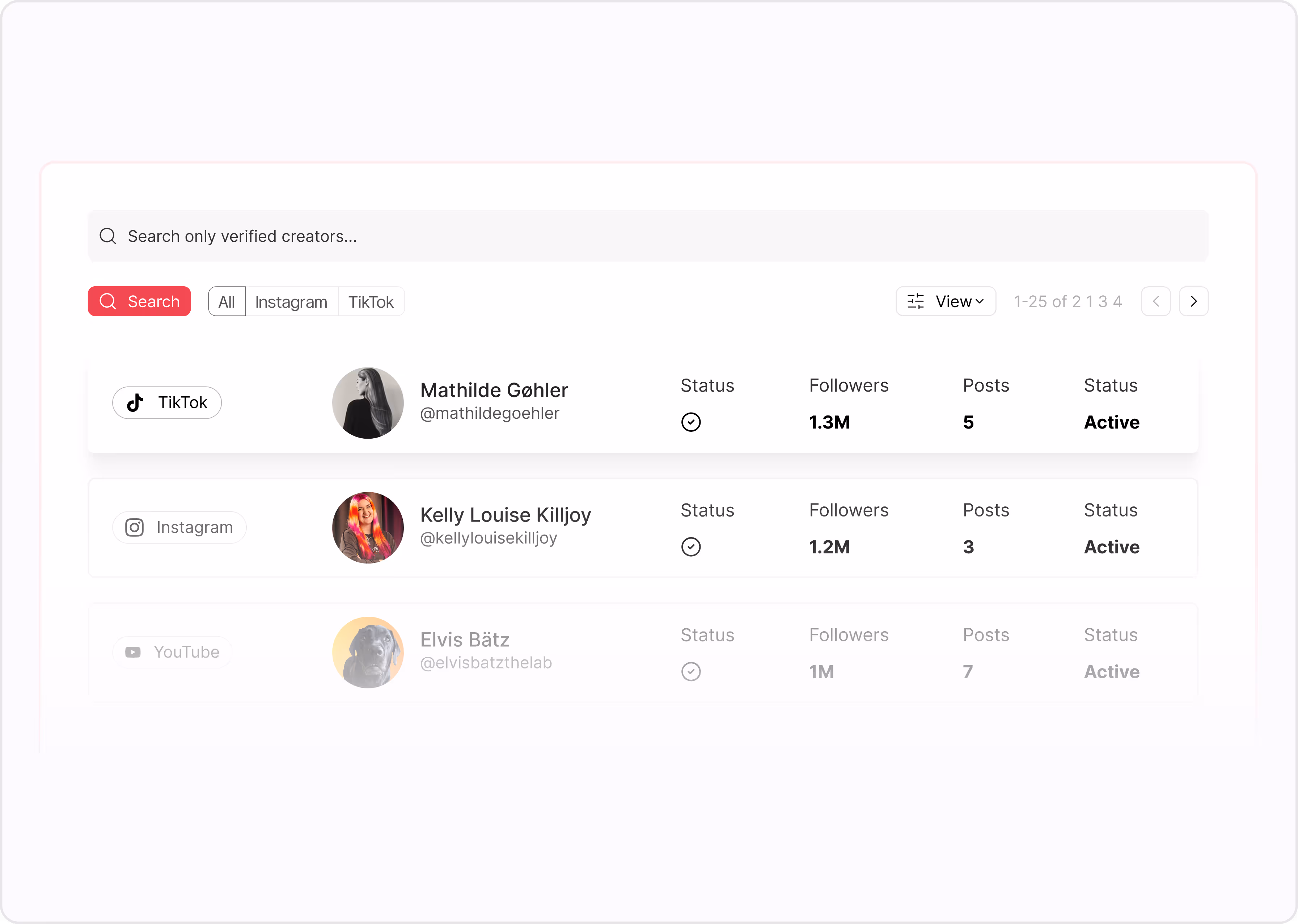 Social media influencer search interface showing profiles of verified creators with follower counts and active status on TikTok and Instagram.