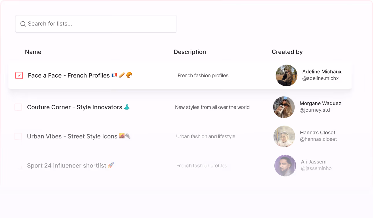 List interface with checkboxes showing influencer profiles including Face a Face - French Profiles selected, with descriptions and creators' photos and names.