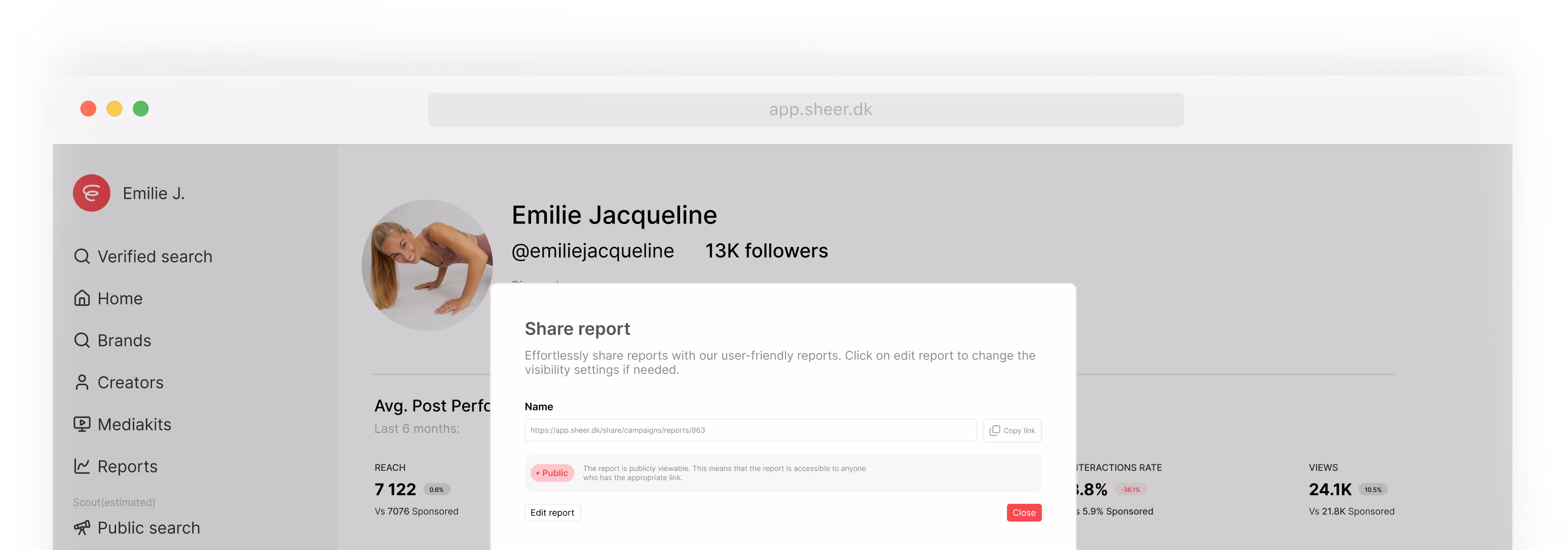 User interface showing Emilie Jacqueline's social profile with 13K followers and a pop-up window for sharing a public report link.