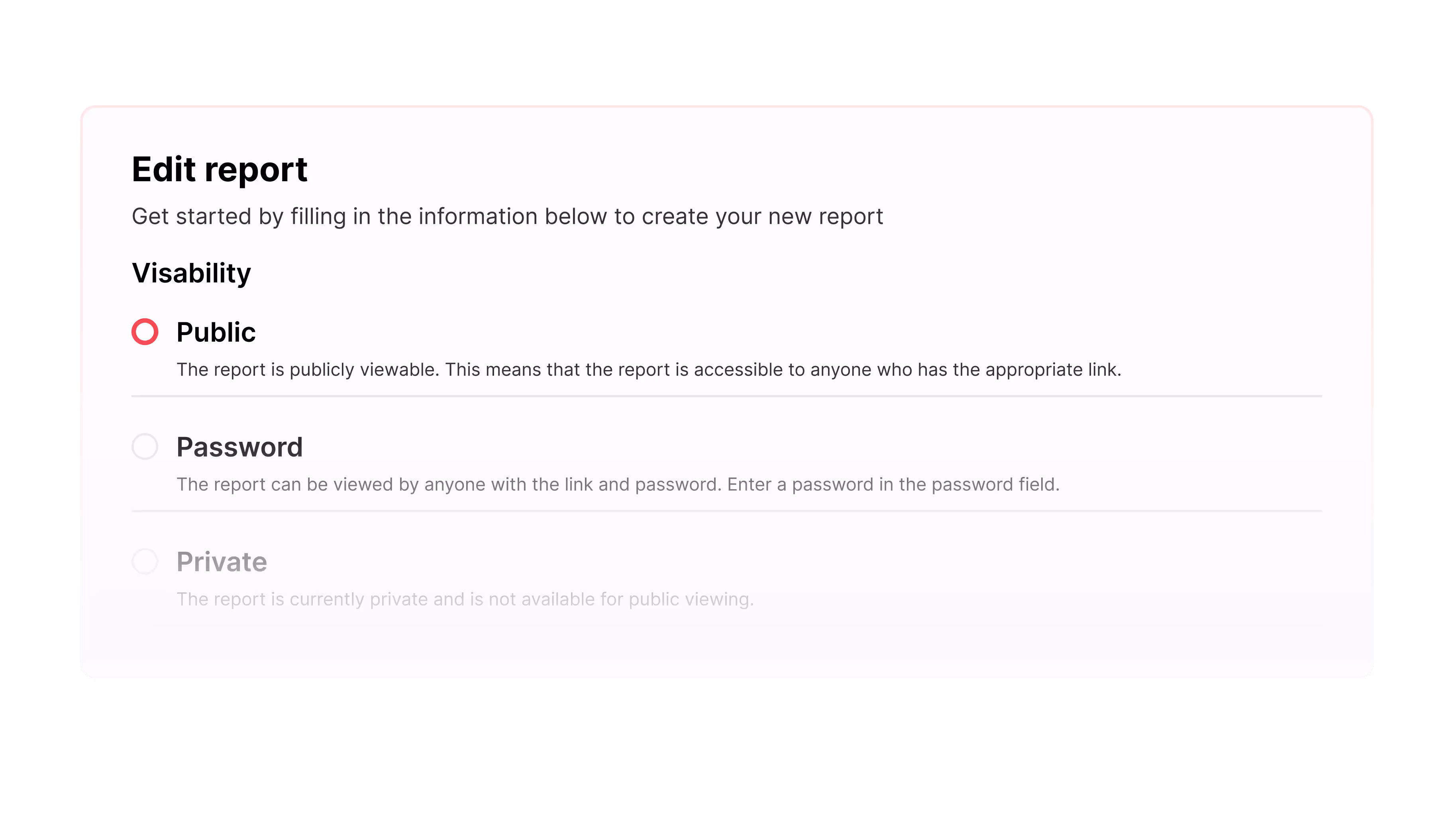 Edit report interface with visibility options: Public selected, indicating the report is accessible to anyone with the link; Password and Private options are unselected.