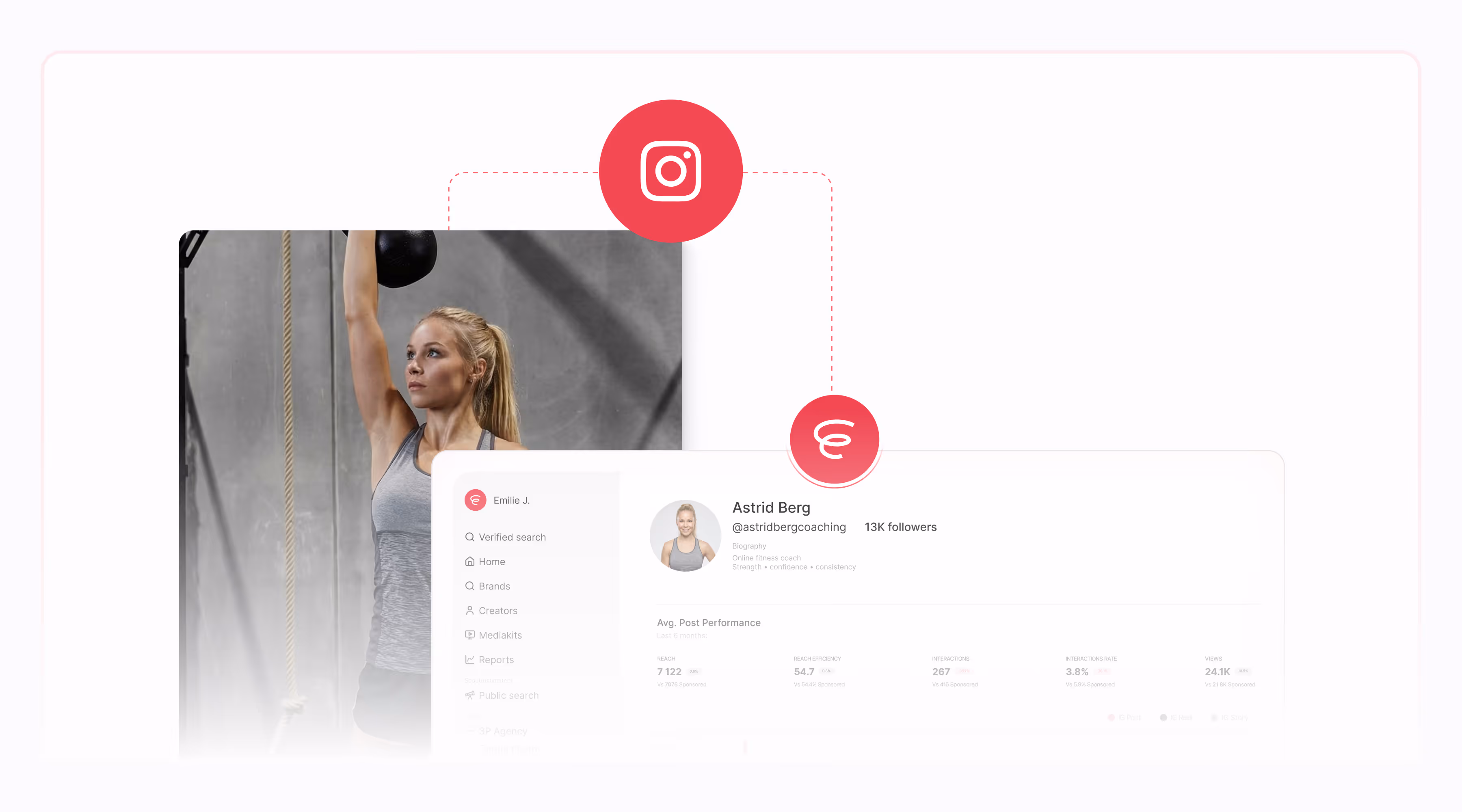 Woman lifting a pink kettlebell in a gym next to a social media profile page for Emilie Jacqueline Coaching with Instagram and platform logos connected above.
