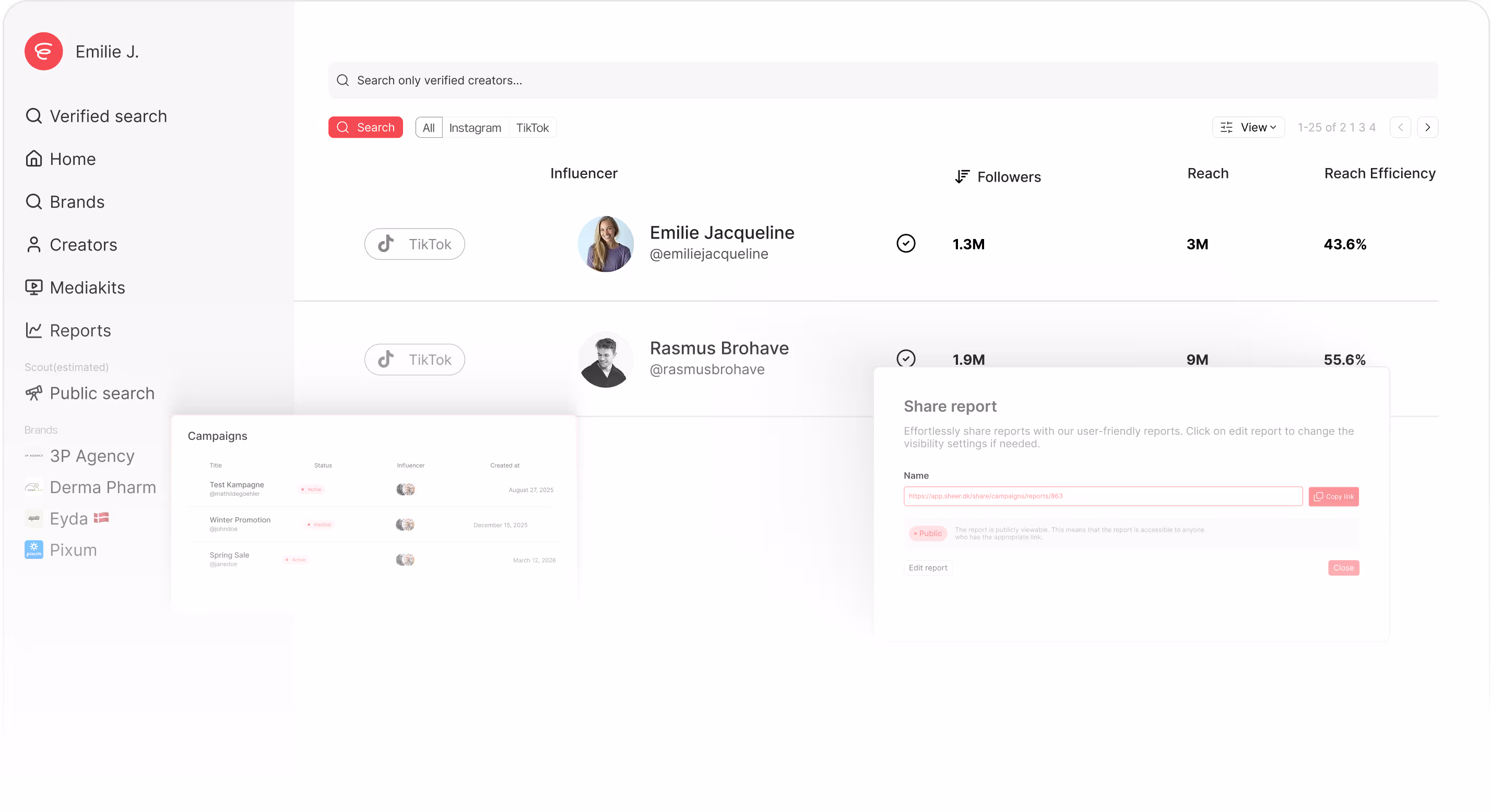 Dashboard interface showing verified creator search with influencer profiles, follower counts, reach metrics, and campaigns management.