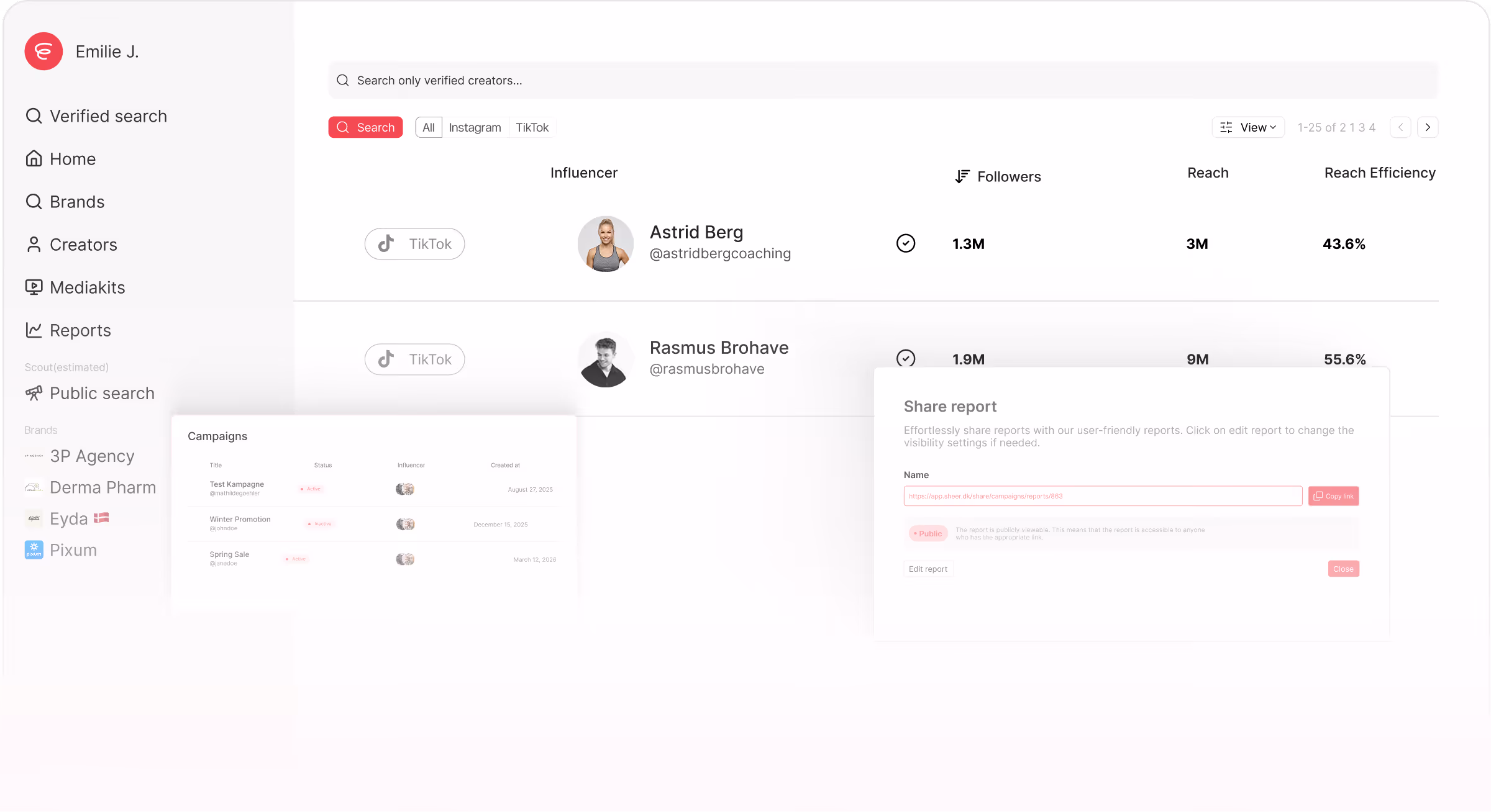 Dashboard interface showing verified creator search with influencer profiles, follower counts, reach metrics, and campaigns management.
