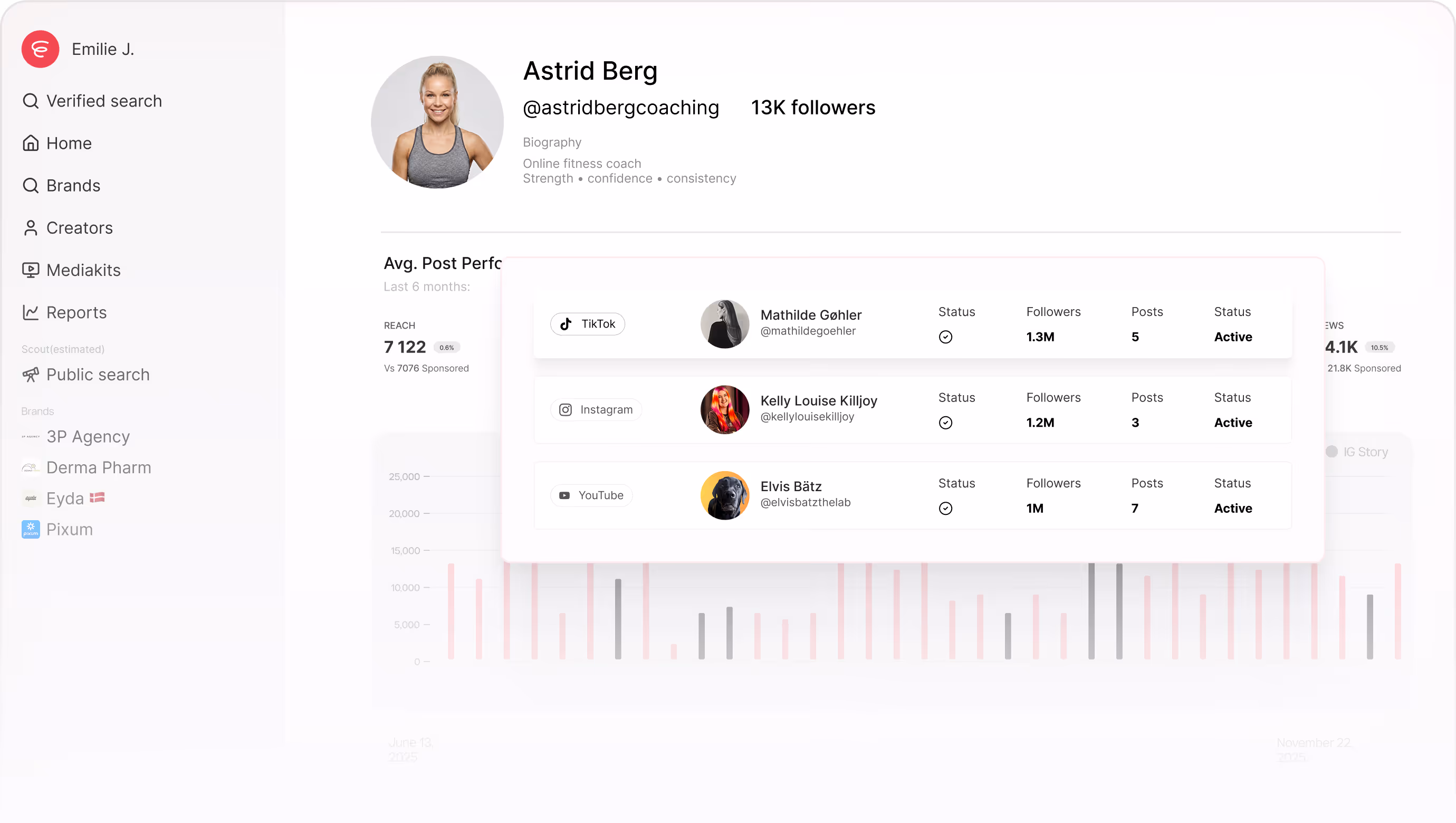 Social media analytics dashboard showing Astrid Berg's profile with 13K followers, biography, and average post performance metrics for reach, reach efficiency, interactions, interaction rate, and views over the last 6 months.