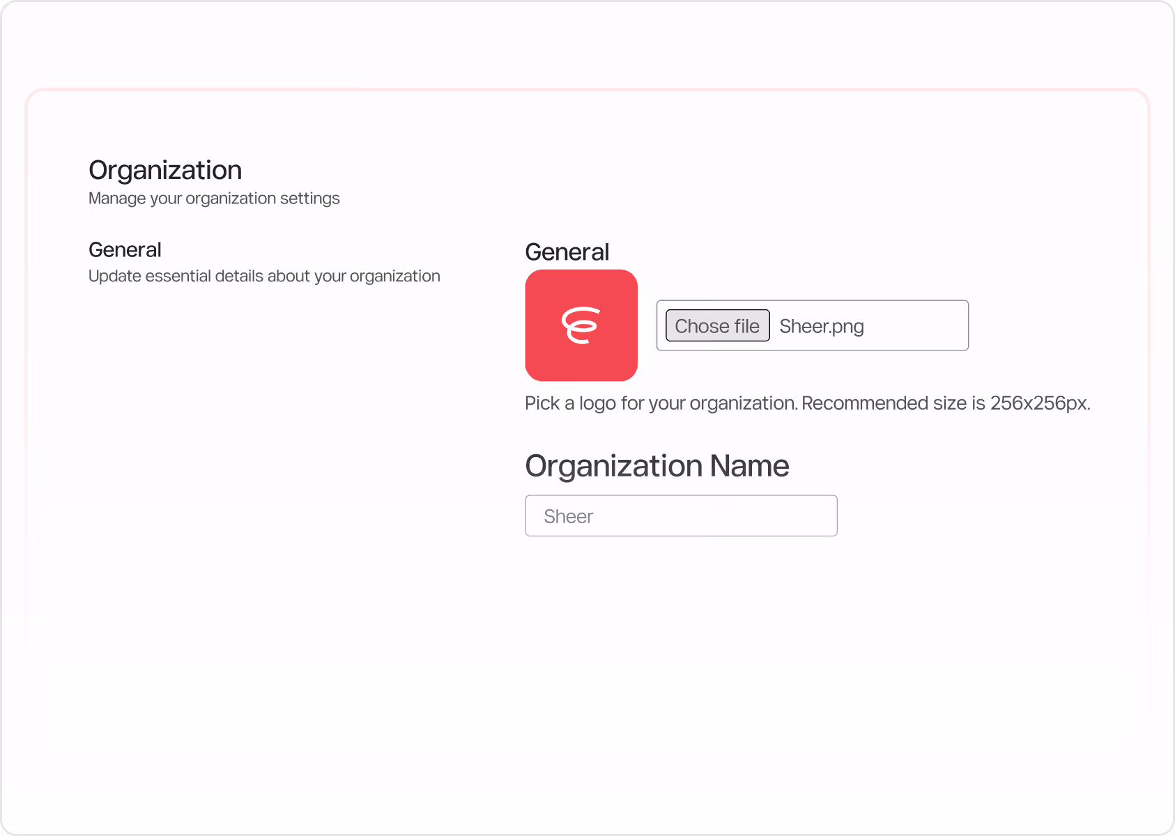 Organization settings interface with option to upload a logo and enter the organization name.